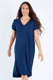Model Larissa wearing the Tin colourShirt Dress - Navy (Blue), from the front, cropped image