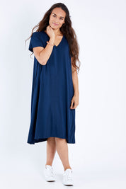 Model Larissa wearing the Tin colourShirt Dress - Navy (Blue), from the front, showing the whole outfit