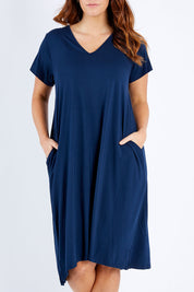 Model Laura wearing the Tin colourShirt Dress - Navy (Blue), from the front, cropped image