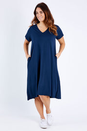 Model Laura wearing the Tin colourShirt Dress - Navy (Blue), from the front, showing the whole outfit