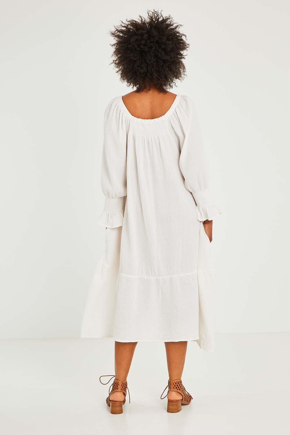 Model Olivia wearing the Ashbury Cotton Dress in colour Sakurwhite (White), from the back