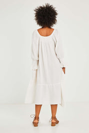 Model Olivia wearing the Ashbury Cotton Dress in colour Sakurwhite (White), from the back