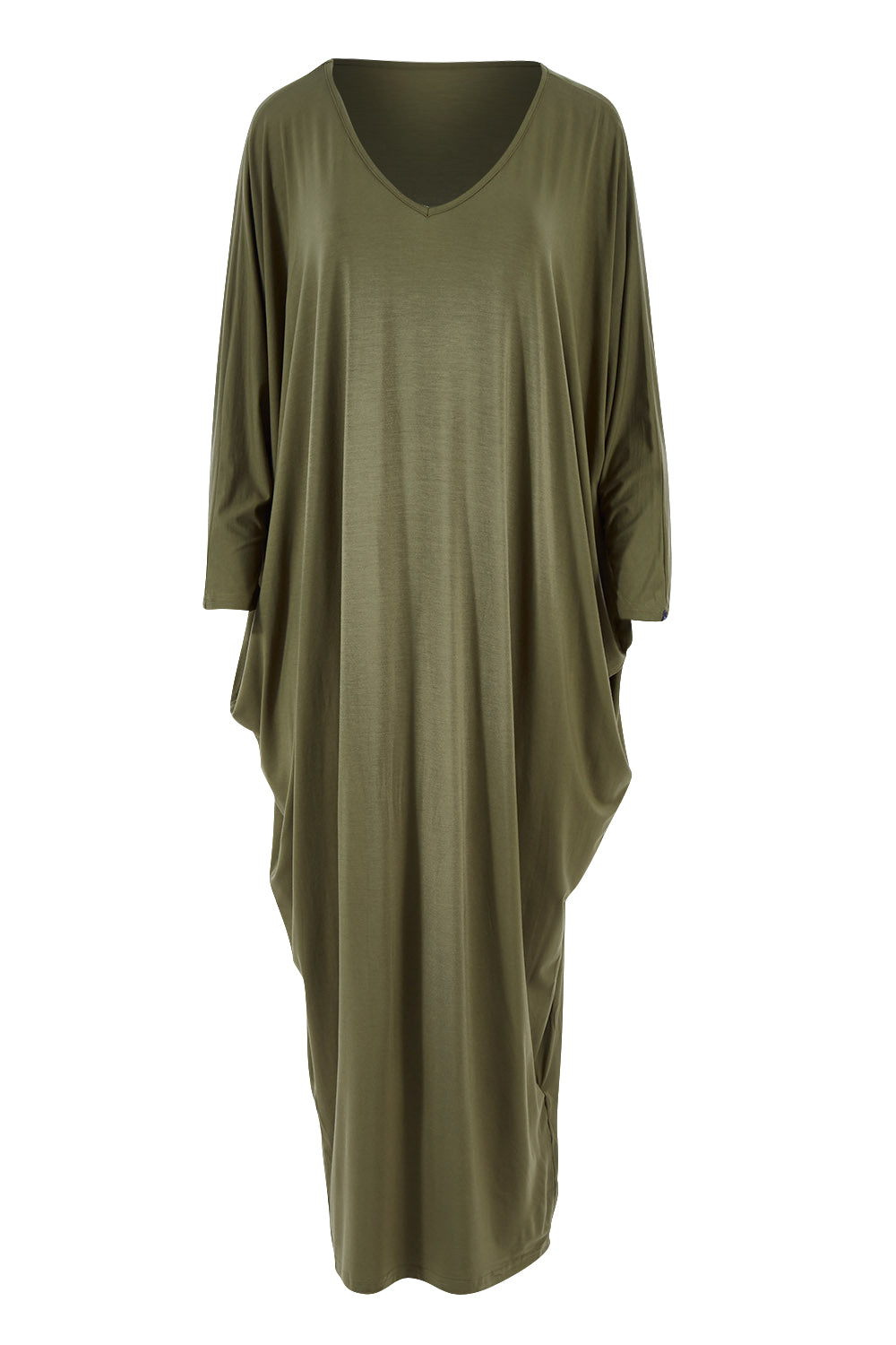 Product shot of the Long Sleeve Maxi Miracle Dress in colour Khaki (Green), from the front