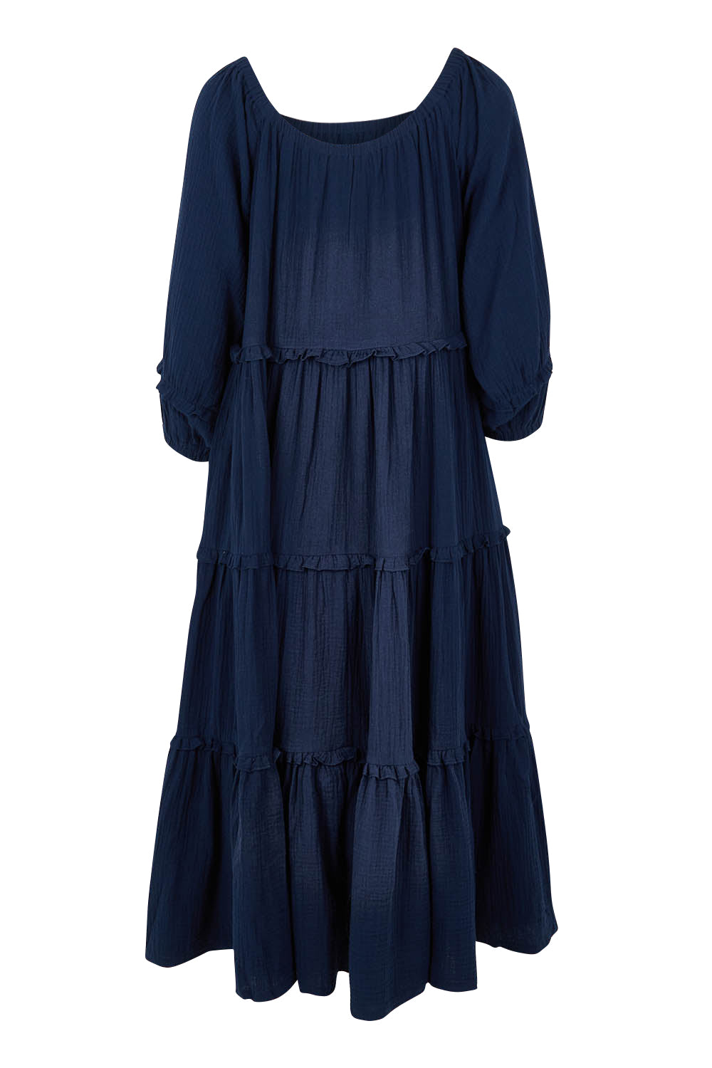 Product shot of the Lottie Midi Cotton Dress in colour Deepsea (Blue), from the back