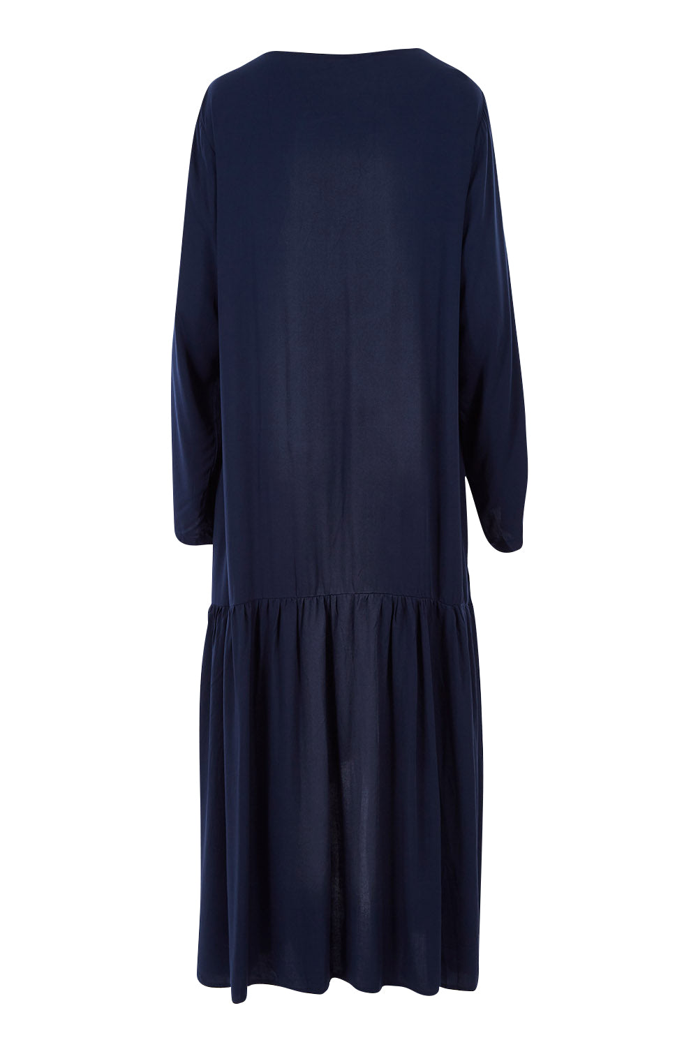 Product shot of the Long Sleeve Peak Maxi Dress in colour Navy (Blue), from the back
