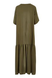 Product shot of the Short Sleeve Peak Maxi Dress in colour Khaki (Green), from the back