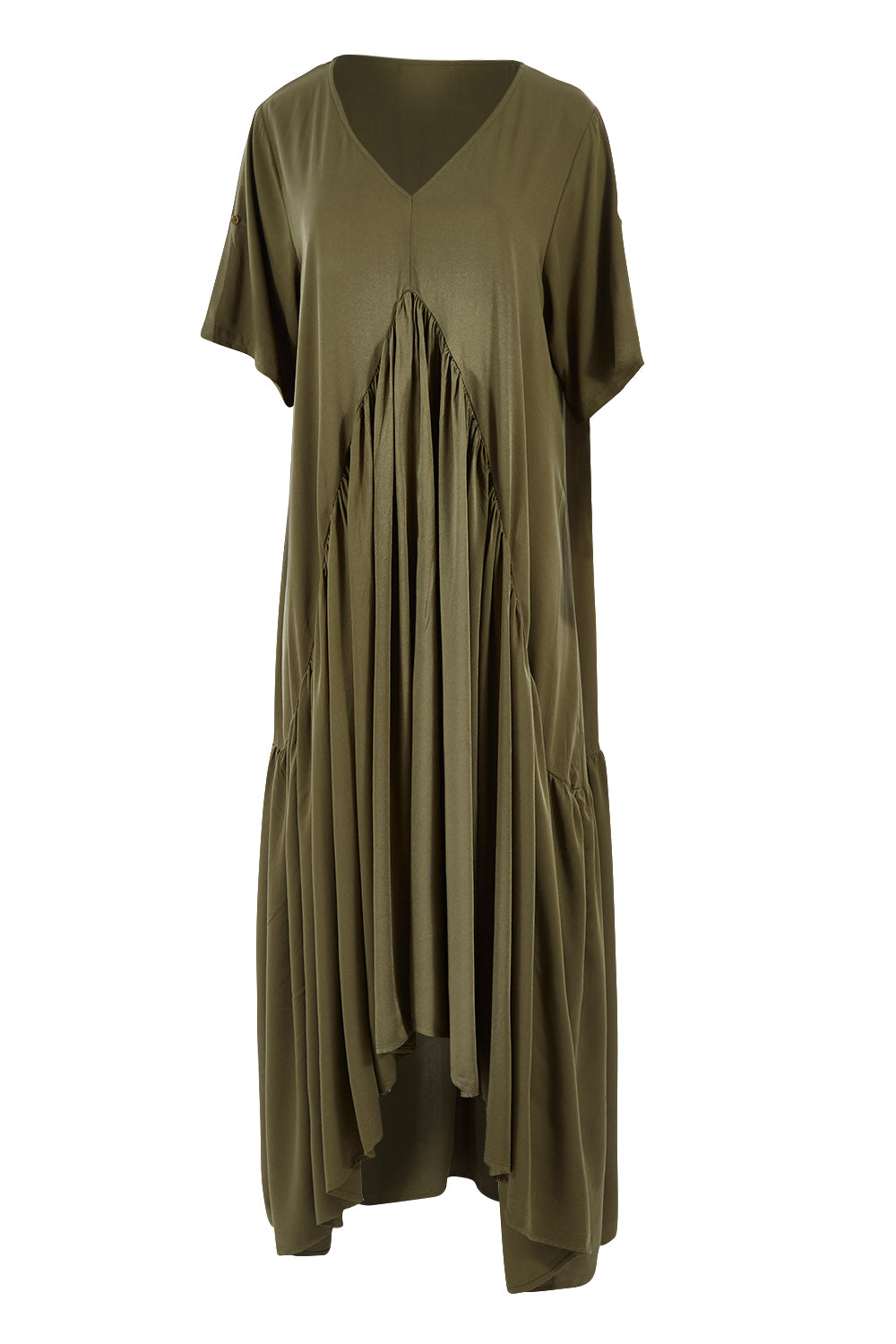 Product shot of the Short Sleeve Peak Maxi Dress in colour Khaki (Green), detail