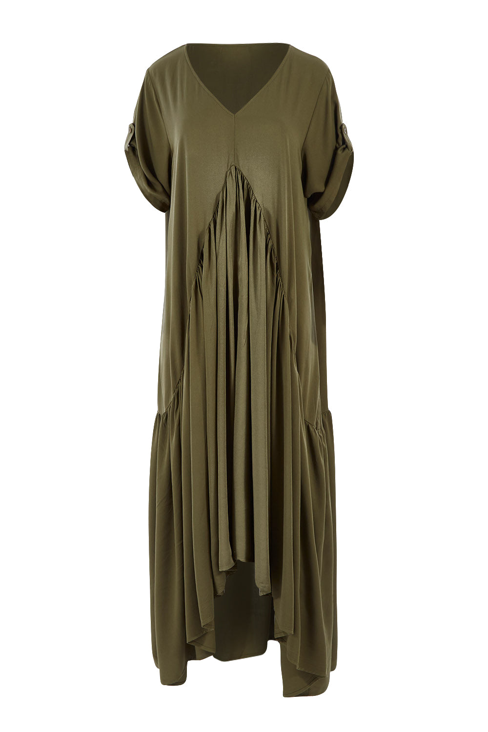Product shot of the Short Sleeve Peak Maxi Dress in colour Khaki (Green), from the front