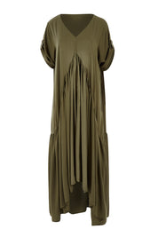 Product shot of the Short Sleeve Peak Maxi Dress in colour Khaki (Green), from the front