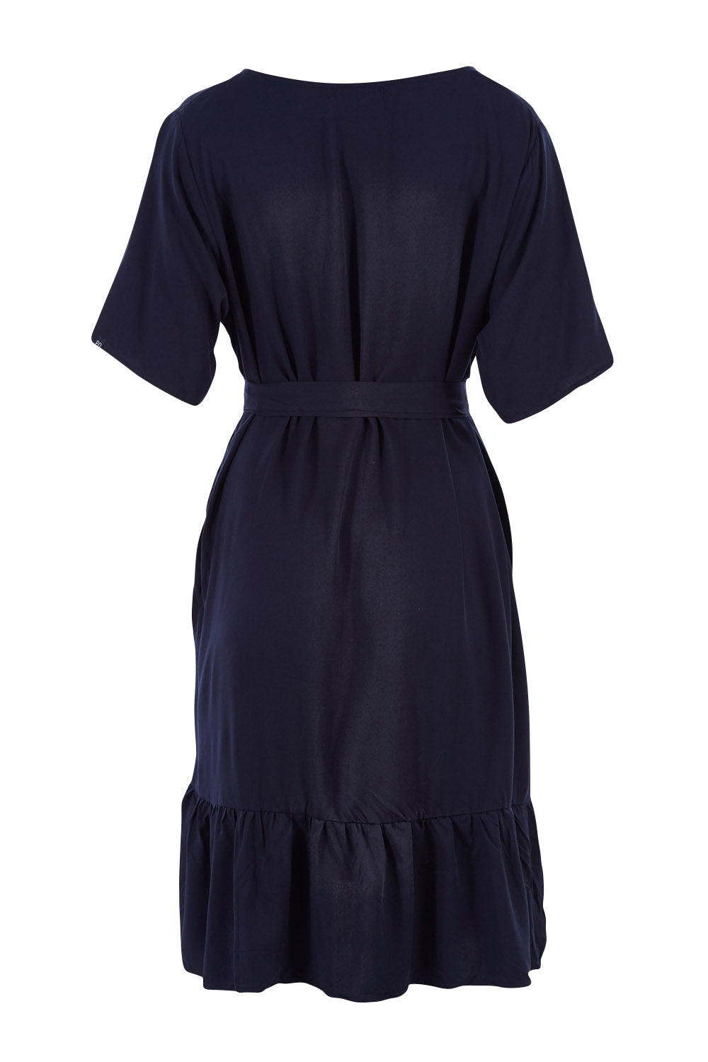 Product shot of the Short Sleeve Flare Dress in colour Navy (Blue), from the back