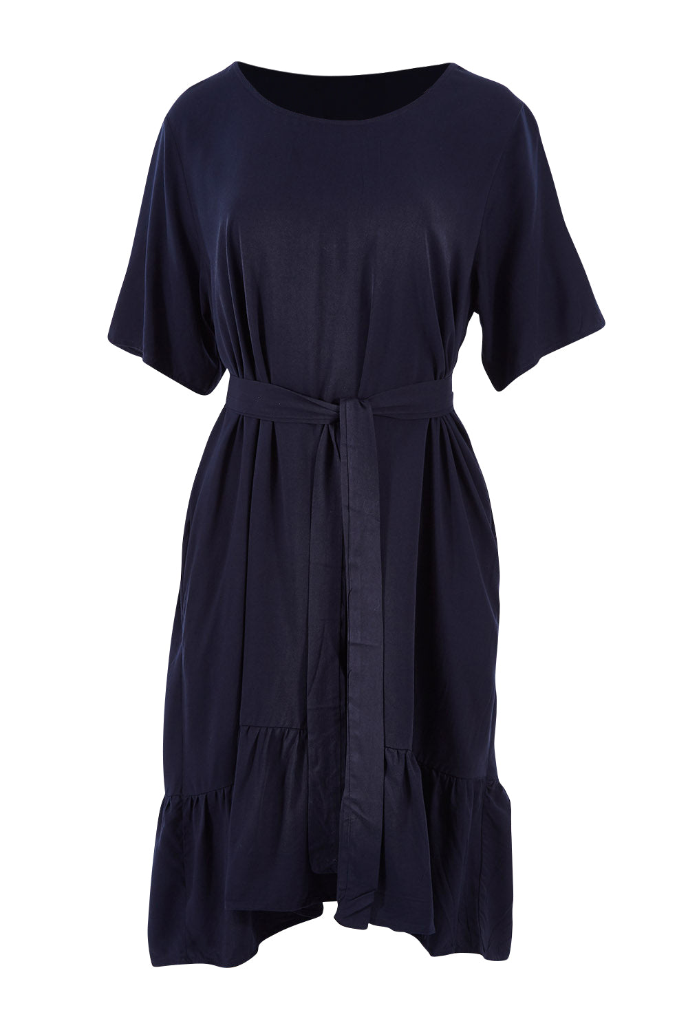 Product shot of the Short Sleeve Flare Dress in colour Navy (Blue), from the front