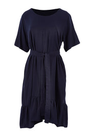Product shot of the Short Sleeve Flare Dress in colour Navy (Blue), from the front