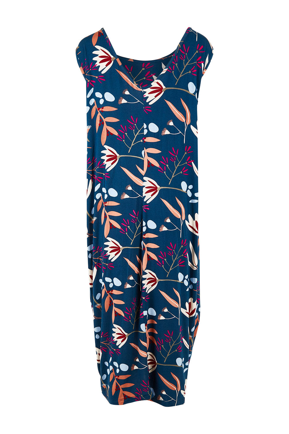 Product shot of the Sleeveless Tidal Multi Wear Dress in colour Nightbloom (Blue), from the back