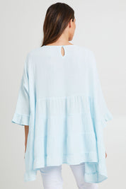 Model Madeline wearing the Sofia Top in colour Blue (Blue), from the back