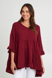 Model Madeline wearing the Sofia Top in colour Mahogany (Pink), from the front, cropped image