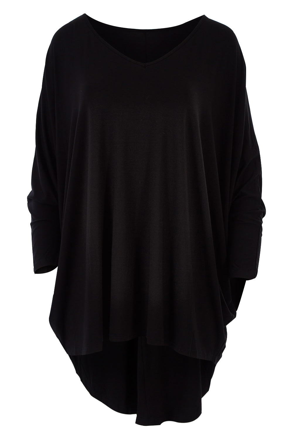 Product shot of the Long Sleeve Hi Low Top in colour Black (Black), from the front