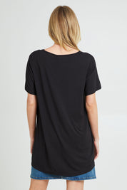 Model Grace wearing the Tin colourShirt S/S Top - Black (Black), from the back