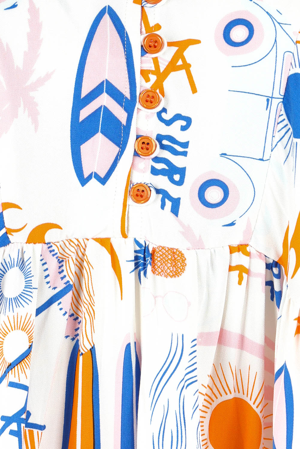 Product shot of the Charlie Top in colour Surfsup, detail