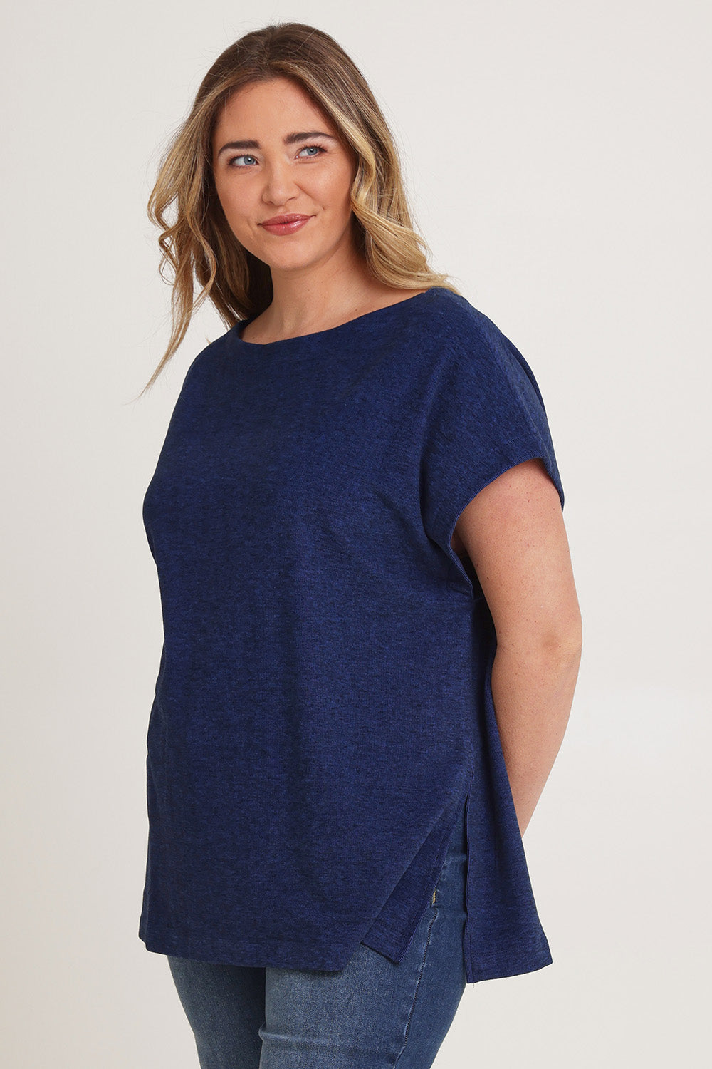 Model Chanel wearing size XL of the Bridget Top in colour Ocean (Blue), from the front, cropped image