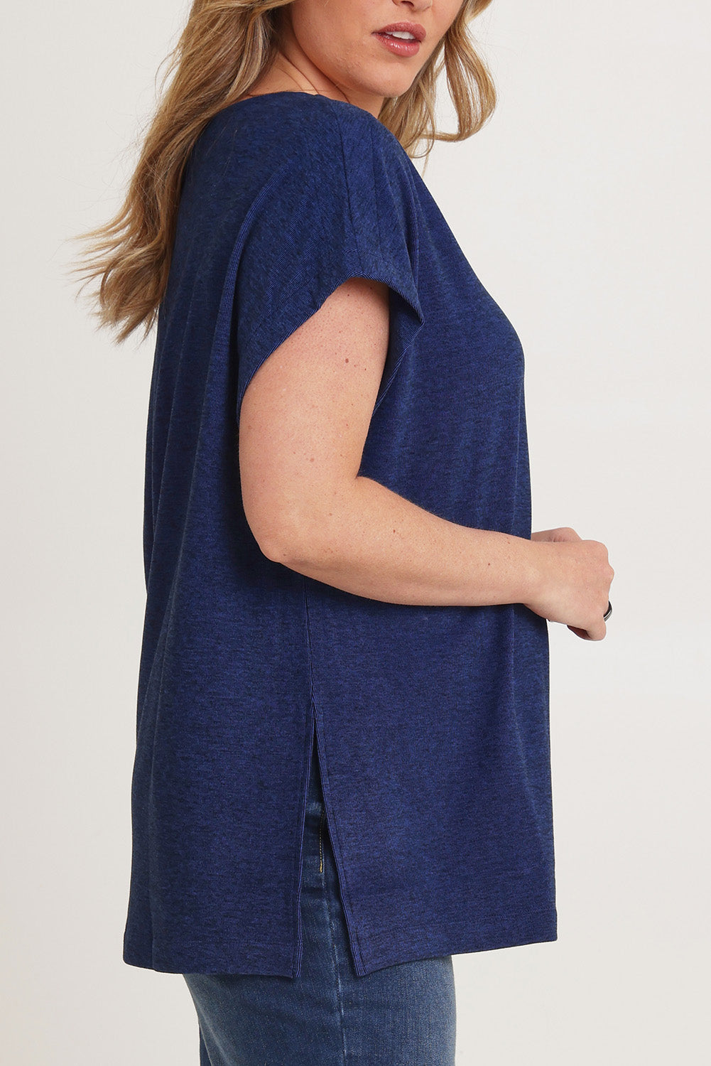 Model Chanel wearing size XL of the Bridget Top in colour Ocean (Blue), from the front, cropped image