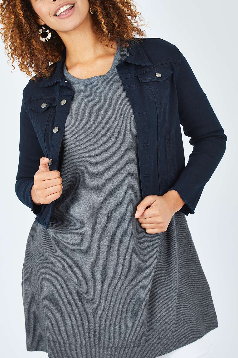 Model Summer wearing size S of the Denim Jacket in colour DarkBlue (Blue), from the front, cropped image