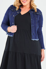 Model Caitlin wearing the Denim Jacket in colour Dkblue (Blue), from the front, cropped image