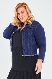 Model Caitlin wearing the Denim Jacket in colour Dkblue (Blue), from the front, cropped image