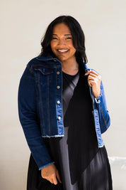 A model wearing the Denim Jacket in colour Dkblue (Blue), from the front, showing the whole outfit