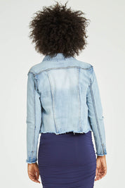Model Olivia wearing size S of the Denim Jacket in colour LightBlue (Blue), from the back
