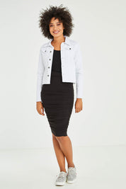 Model Olivia wearing size S of the Denim Jacket in colour White (White), from the front, showing the whole outfit