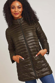 Model Ziara wearing size 10 of the Funnel Neck Down Jacket in colour Khaki (Green), from the front, cropped image
