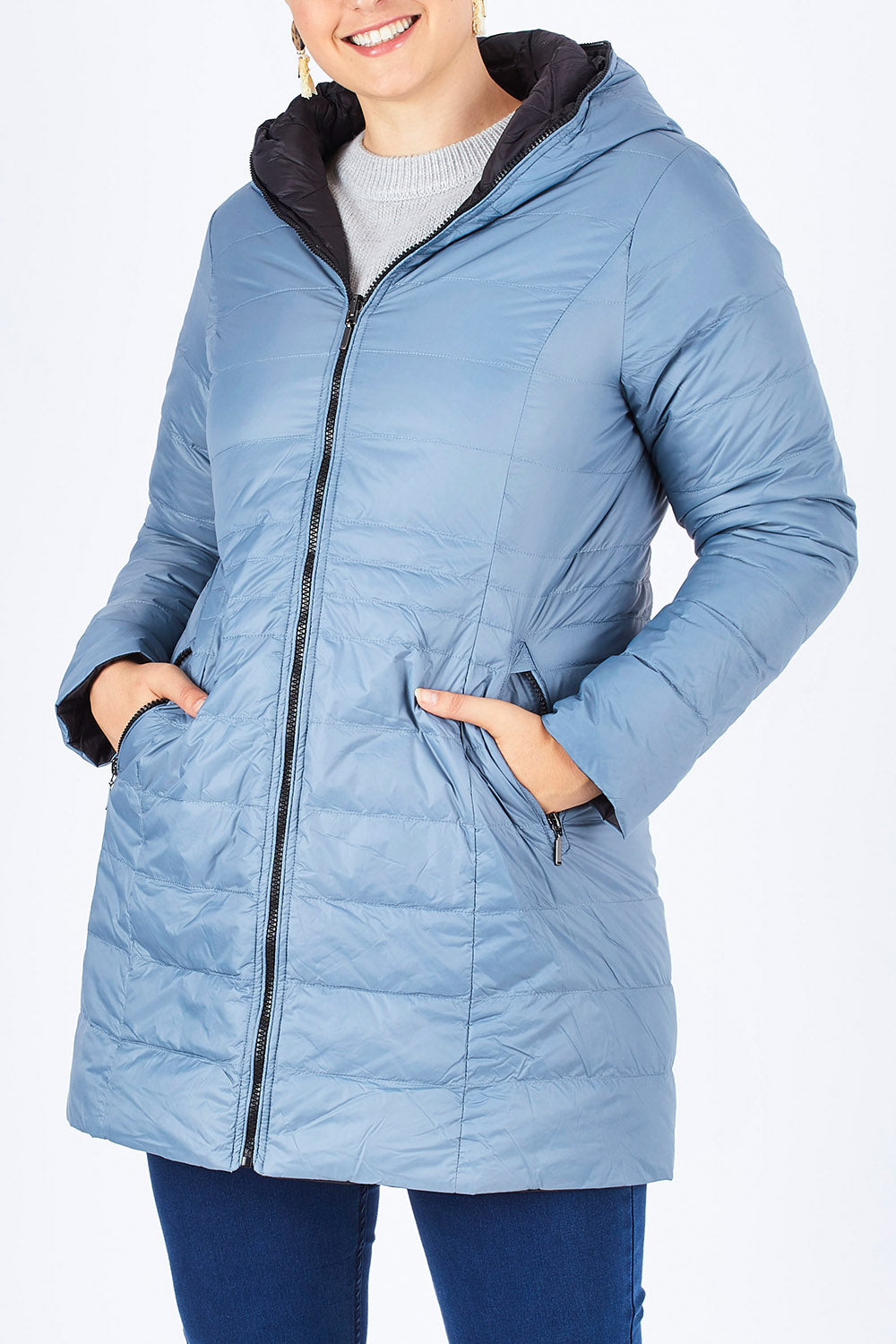 Model Stefania wearing size 14 of the Reversible Down Jacket in colour CharBlack (Grey), from the front, cropped image