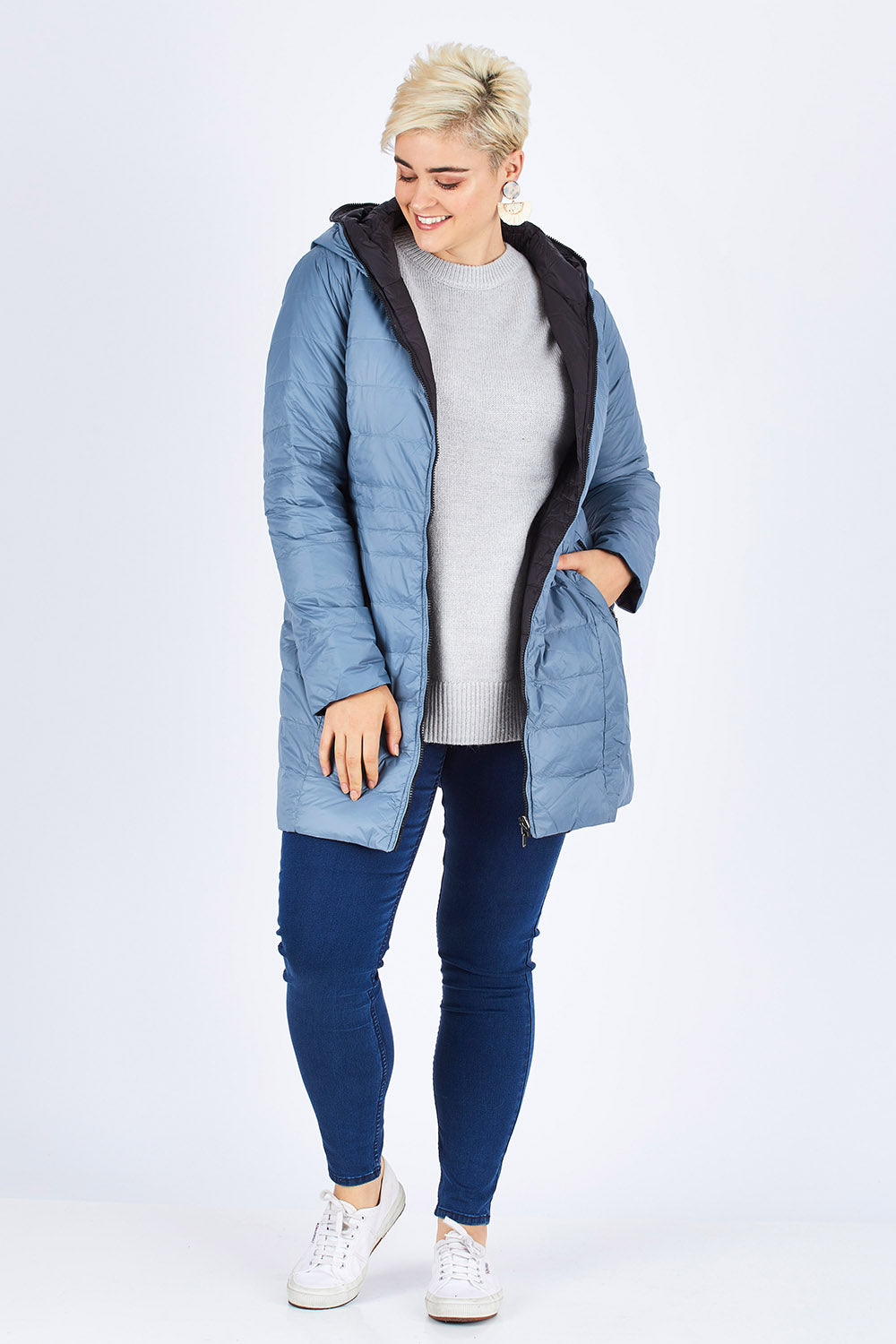 Model Stefania wearing size 14 of the Reversible Down Jacket in colour CharBlack (Grey), from the front, showing the whole outfit