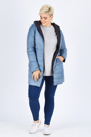 Model Stefania wearing size 14 of the Reversible Down Jacket in colour CharBlack (Grey), from the front, showing the whole outfit