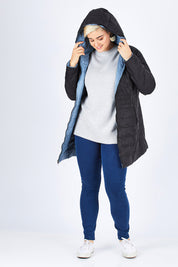 Model Stefania wearing size 14 of the Reversible Down Jacket in colour CharBlack (Grey), from the front, showing the whole outfit