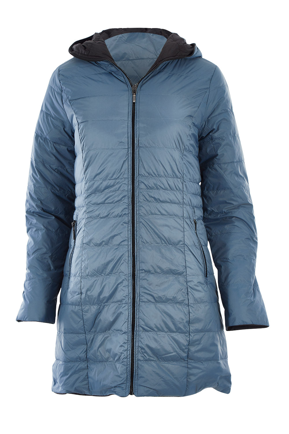 Product shot of the Reversible Down Jacket in colour CharBlack (Grey), from the front
