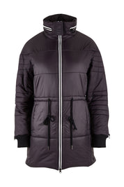 Product shot of the Long Line Funnel Neck Puffer in colour Black (Black), from the front