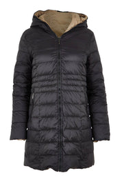 Product shot of the 3/4 Reversible Down Jacket in colour Minkblk (Black), from the front