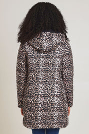 Model Ziara wearing size 10 of the 3/4 Reversible Down Jacket in colour Safari (Black), from the back