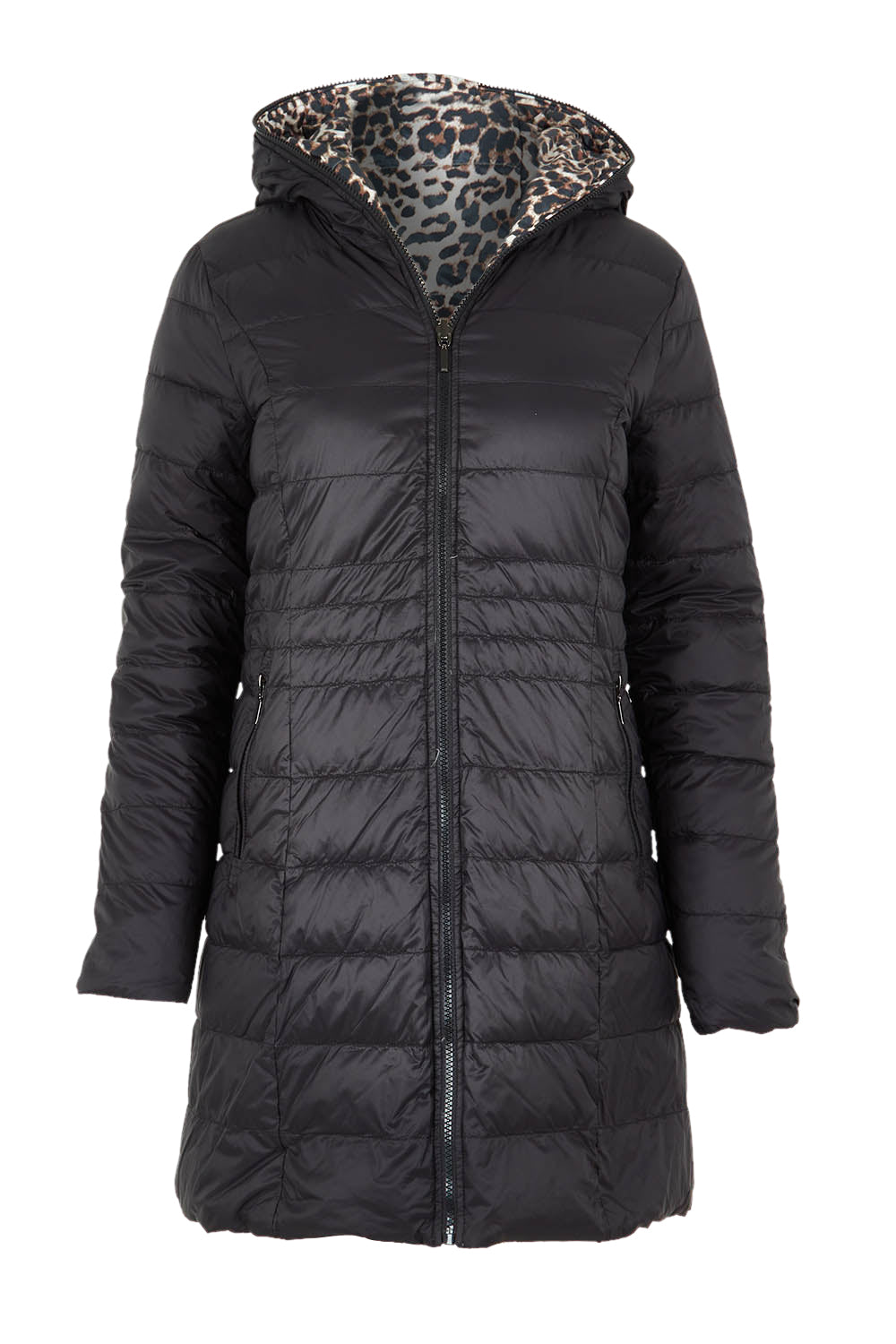 Product shot of the 3/4 Reversible Down Jacket in colour Safari (Black), from the front