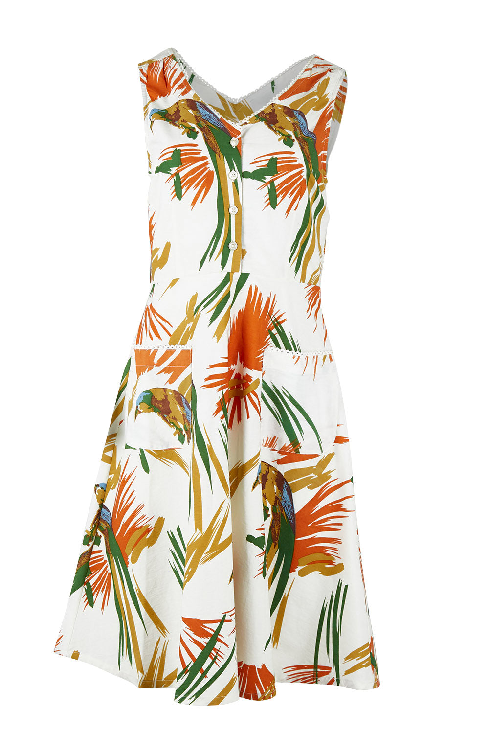 Product shot of the Harriet Dress in colour Parrot (White), from the front