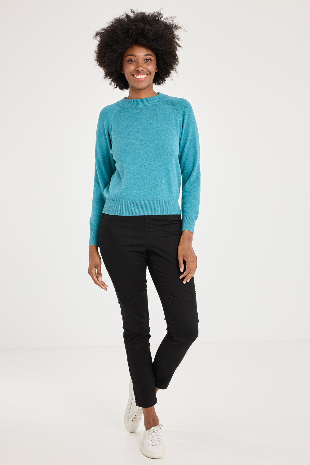Model Aiyana wearing size 10 of the Susan Zip Back in colour Blue (Blue), from the front, showing the whole outfit