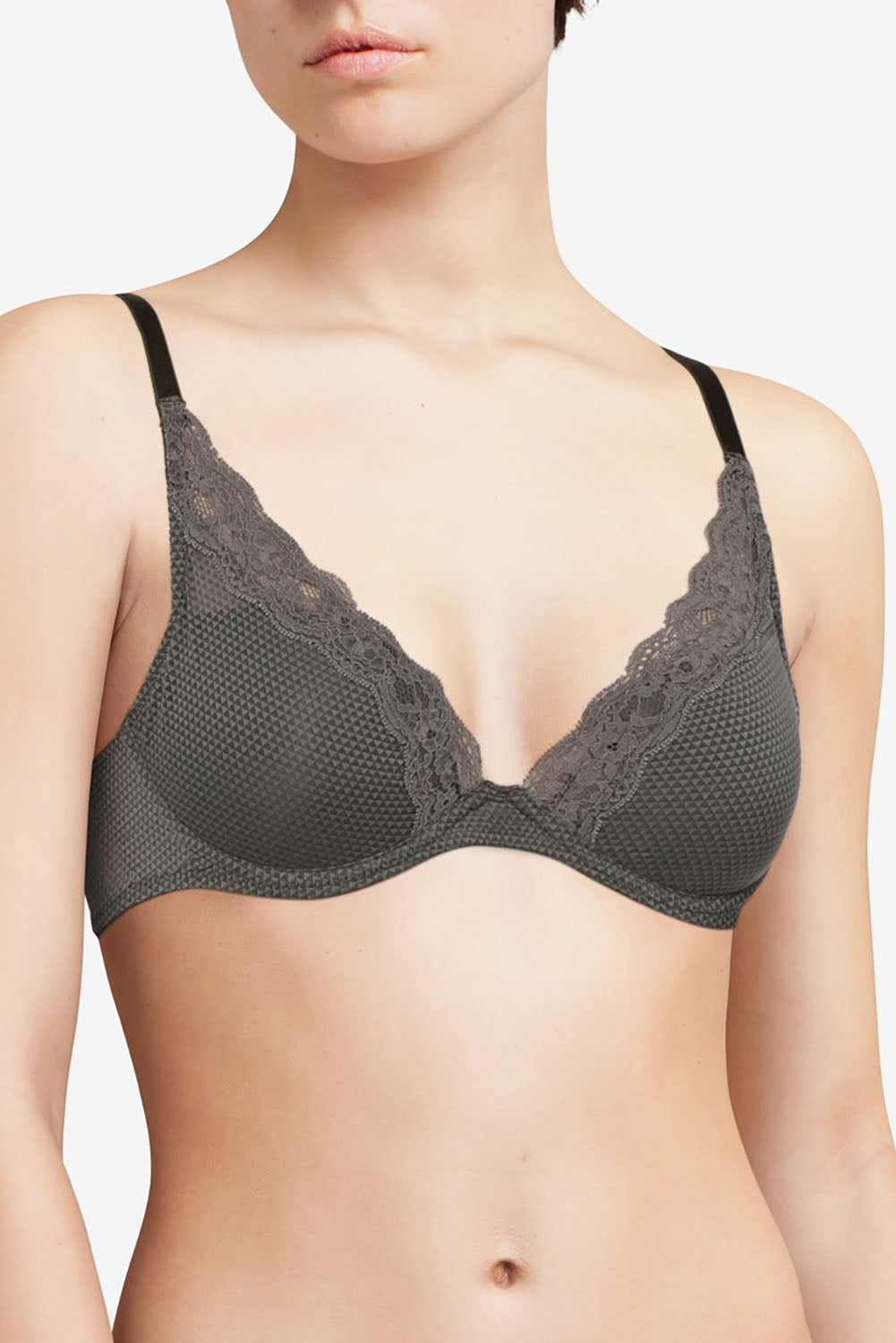 A model wearing the Brooklyn Plunge T Shirt Bra in colour Smokeygrey (Grey), from the front, cropped image