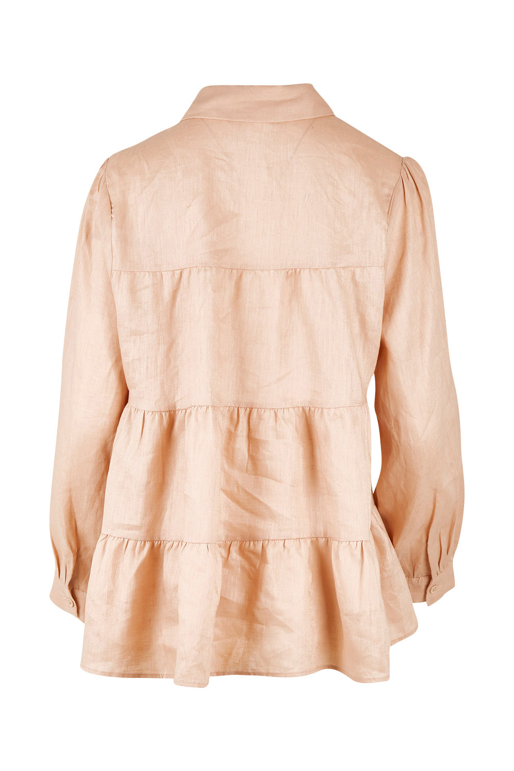 Product shot of the Eliza Linen Tiered Long Shirt in colour Nude, from the back