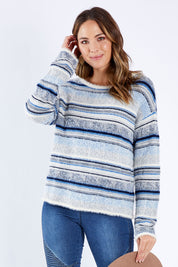 Model Madeline wearing size S of the Renee Sweater in colour Multistrip (Grey), from the front, cropped image