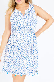 Model Jess wearing size L of the Aline Belted Dress in colour Bluewhite (Blue), from the front, cropped image