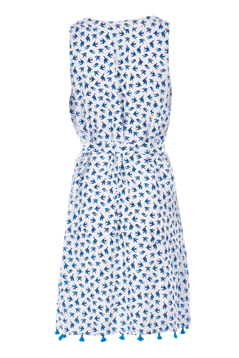 Product shot of the Aline Belted Dress in colour Bluewhite (Blue), from the back