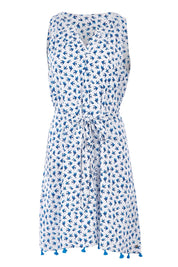 Product shot of the Aline Belted Dress in colour Bluewhite (Blue), from the front