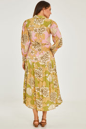 Model Georgia wearing size 10 of the Apostle Dress in colour Botanical (Pink), from the back