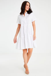 Model Andrea wearing size 10 of the Lori Dress in colour White (White), from the front, showing the whole outfit